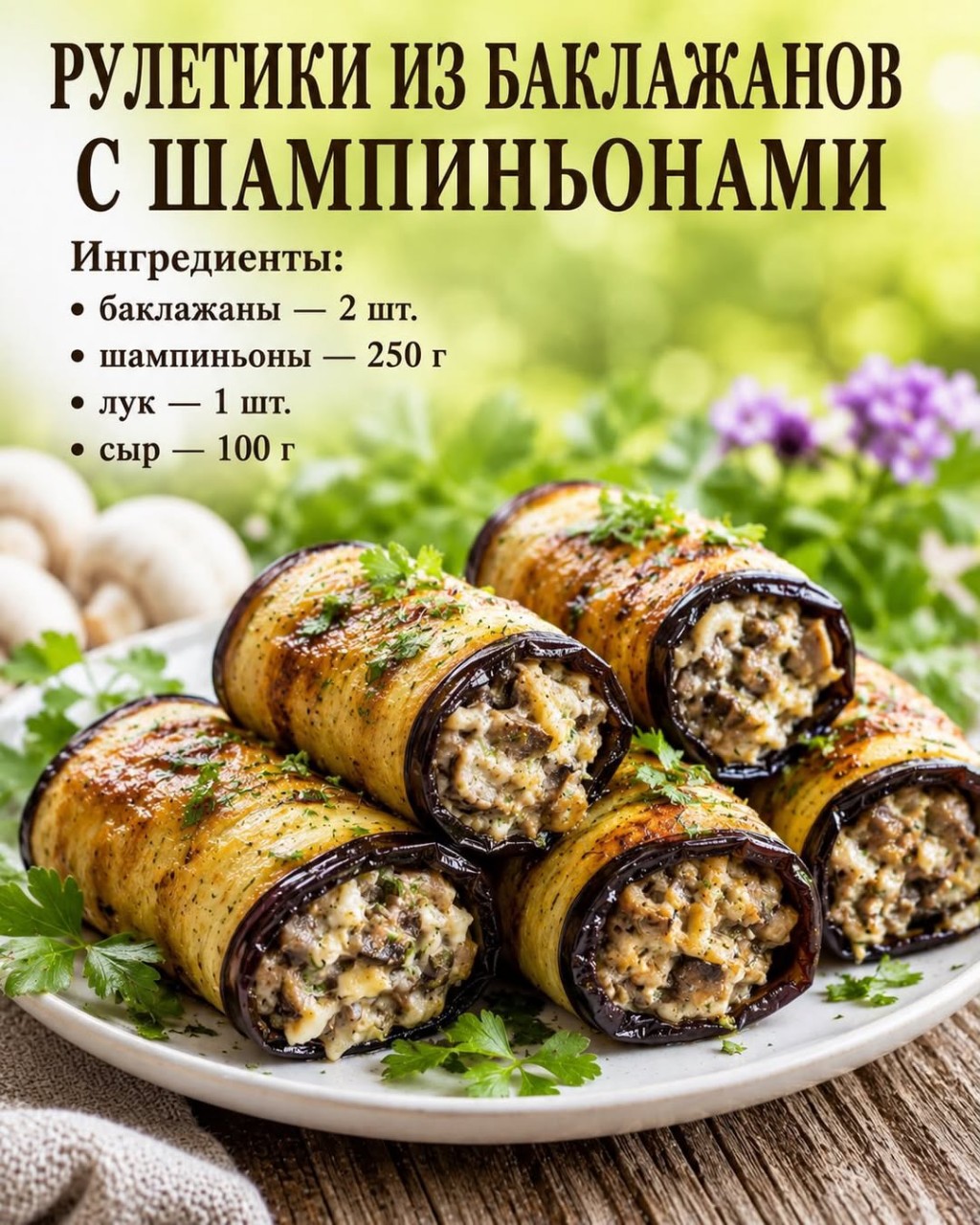 Меню на каждый день в LOOKY — РУЛЕТИКИ ИЗ БАКЛАЖАНОВ С ШАМПИНЬОНАМИ.
⠀
Пластины баклажанов