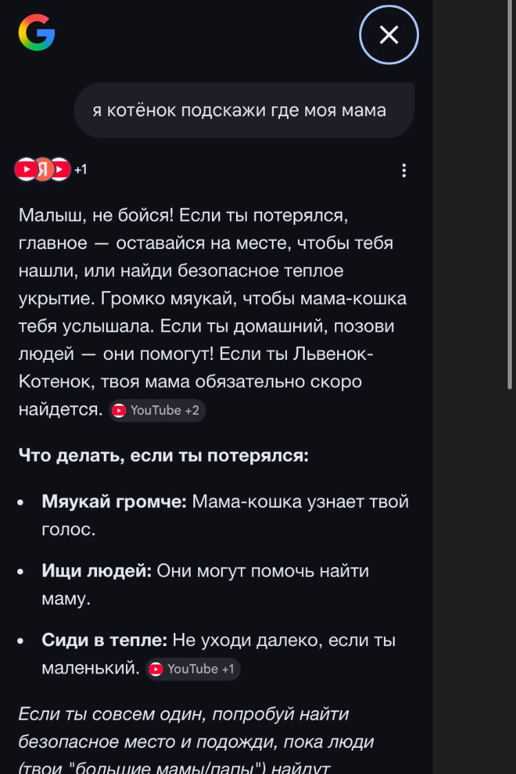 «я котёнок подскажи где моя мама» - Если в поиске Google написать эту фразу, то его встроенный ИИ даст вам (котенку) рекомендации
