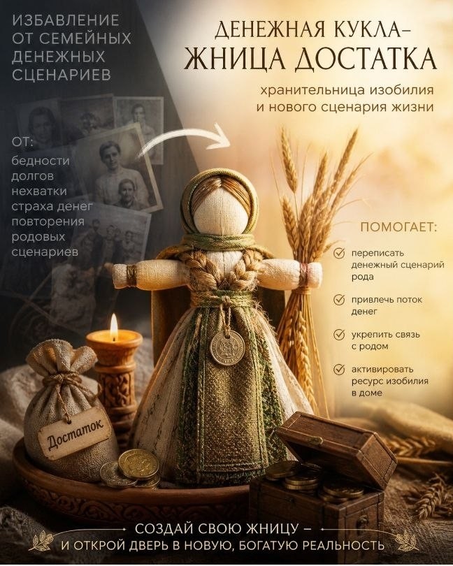 🧵 Ритуал «Денежная кукла — Жница достатка»

Это не просто «сделать куклу»

Это древний обряд, в котором соединяются смысл, действие и намерение

Здесь есть всё:
— создание куклы-мотанки как оберега
— работа со стихиями через заговор
— закладка денежной программы в монету

И именно поэтому этот ритуал — ключевой

Почему это важно именно сейчас?

- После 6 дней работы на интенсиве вы измените внутреннее состояние

- Создадите новый финансовый канал

- Почувствовуете ресурс Рода

Но без закрепления всё может постепенно «схлопнуться»

Как мышца без тренировки возвращается в прежнюю форму —
так и состояние может откатиться назад

Жнице нужна не «вера»

Ей нужно твоё участие и внимание

Жница достатка — это не игрушка

Это хранительница нового сценария

Она:
— удерживает программу достатка в твоём доме
— напоминает тебе о твоём решении жить по-другому
— становится точкой фокуса для твоего внимания и энергии
— помогает замечать, куда раньше «не доходили» деньги

Ты можешь оставлять ей подношения —
зерно, сладости, монеты

Это не про «магическое мышление»

Это про фиксацию ценности и обмен

✨ Почему это завершение, а не просто поделка

Да, технически куклу можно сделать за 20 минут

Но суть не в этом

В неё ты вкладываешь:
— весь путь этих 7 дней
— все инсайты
— все решения
— внутреннее «я больше не живу по-старому»

Жница становится свидетелем твоей трансформации

И пока этот символ есть в твоём пространстве, 
ты каждый день возвращаешься в новое состояние

И именно это не даёт сценарию откатиться назад