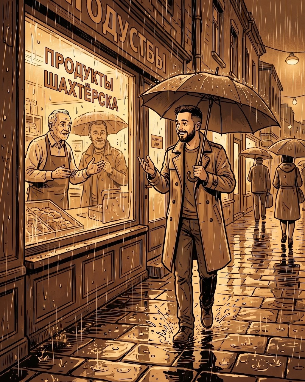 Случай на этой недели. Дождь. Хотелось остаться под одеялом. 🌧 
Но заказы ждут. Взял зонт, вышел — и поймал мысль: дождь не портит день. Он меняет ритм. 
По дороге в на почту, зашёл в небольшой магазинчик. Владелец увидел мои визитки: «А можно портрет жены? На годовщину». 
Так родился новый заказ. Прямо в дождь. ☔ 
Иногда лучшие идеи приходят не в мастерской. А когда ты просто идёшь по делам. 
А вам дождь поднимает настроение или портит? 👇 
#ИгорьАрт #дождь #историязаказа #приключениямастера #комикс