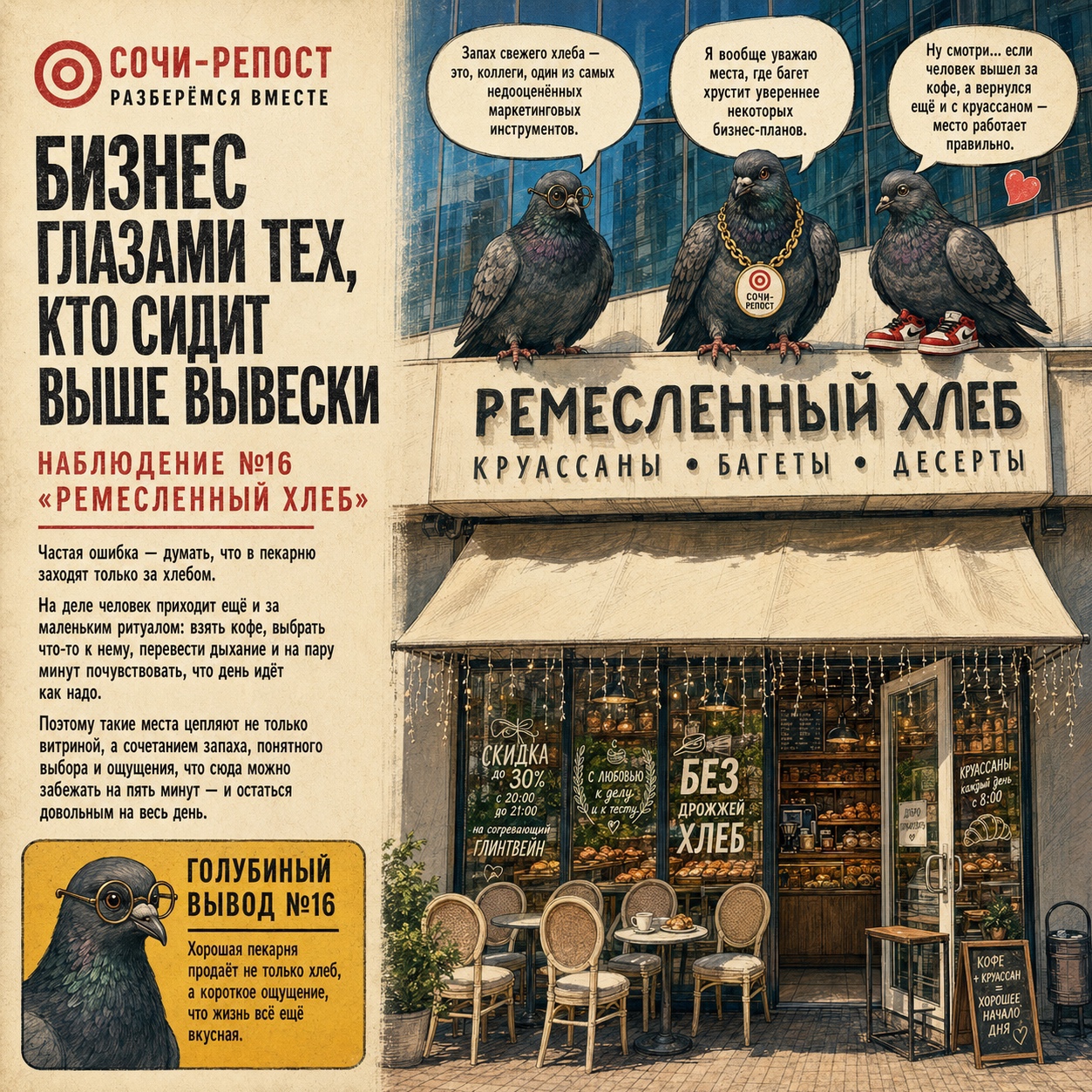 «Сочи-Репост» сегодня у «Ремесленного хлеба».

Есть места, где всё решает не громкая вывеска, а простая человеческая привычка: зайти за кофе, взять круассан, прихватить что-то домой и на пару минут замедлить день.

Голуби проверили сверху: когда у места есть запах свежей выпечки, оно уже разговаривает с улицей без лишних слов.