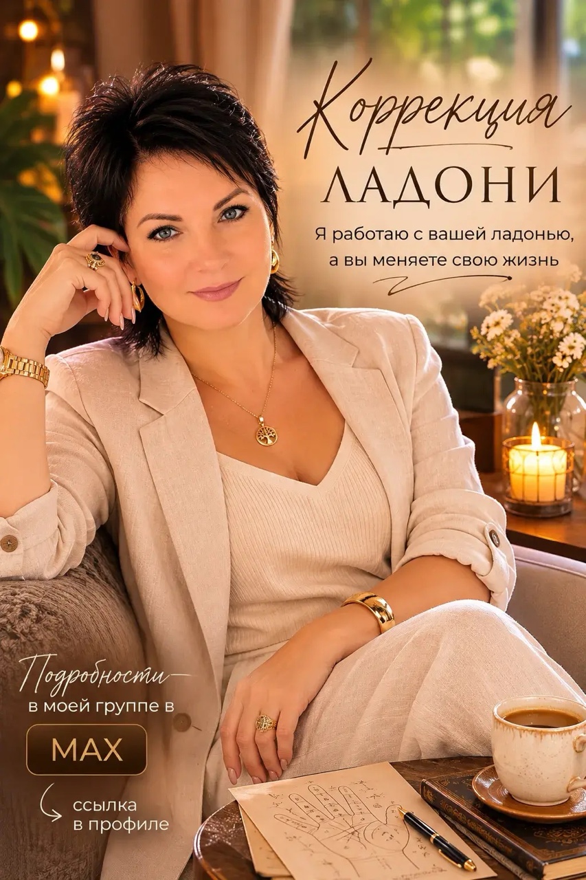 А ВЫ ЗНАЛИ, ЧТО Я РАБОТАЮ НЕ ТОЛЬКО С ЦИФРАМИ, НО И С ЛАДОНЯМИ? 🤲✨

На консультации я не просто рассматриваю линии и рассказываю, что на них вижу. В некоторых случаях после разбора я предлагаю  коррекцию определённых линий ладони.

Для каждого человека она индивидуальна.

Кому-то мы работаем с линией жизни, кому-то — с направлением судьбы, реализацией, отношениями или другими участками ладони.

Я показываю,  где именно и как проводить коррекцию,  в какие дни это делать и на что обращать внимание.

И самое интересное — на этом моя работа не заканчивается.

Пока человек выполняет свою часть коррекции дома, я продолжаю работать с его ладонями со своей стороны: пересматриваю фотографии, наблюдаю за нужными участками и затем сравниваю изменения.

Для меня ладонь — это не просто набор линий. Это история человека, которая может меняться вместе с ним.

Сейчас в моей группе в MAX  я подробнее рассказываю о коррекции ладоней, показываю интересные случаи из практики, разбираю знаки и рассказываю то, что не помещается в один пост.

Хотите увидеть, о чём может рассказать именно ваша ладонь?

👉 Приглашаю вас в мою группу в MAX.

Будем учиться видеть то, на что раньше вы даже не обращали внимания. 🤲✨