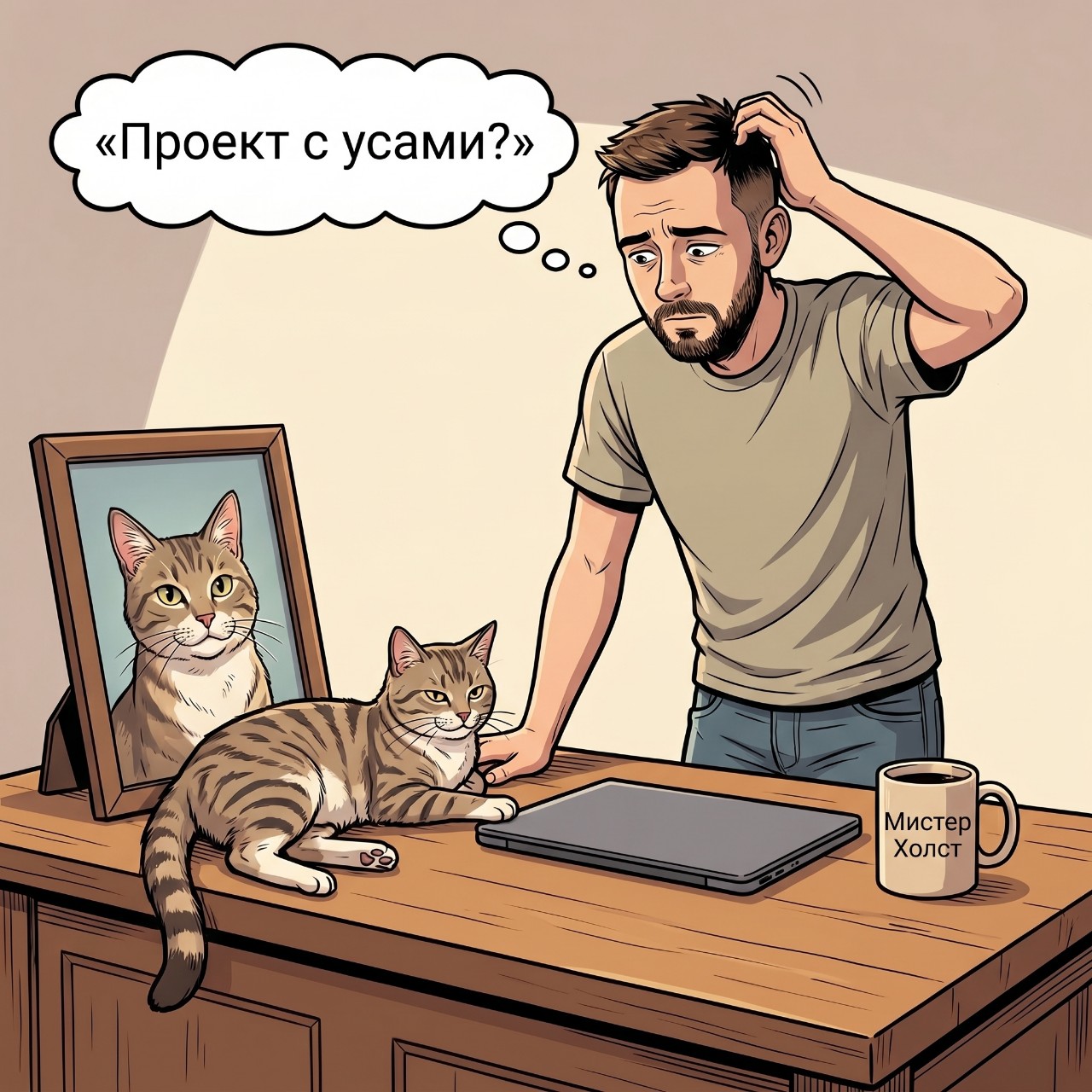 Пришёл домой. Кот ОККУПИРОВАЛ стол. 🐱 
«Теперь проект с усами», — вздохнул я. 
Но знаете что? Лучшие идеи рождаются не по расписанию. А когда жизнь (и кот) вносят свои правки. 
Сегодня кот помог: пока я его «переселял» с подрамника, понял, как решить проблему с заказом. Клиент просил «что-то тёплое, душевное». А ответ был рядом — вот он, мой усатый вдохновитель 😄 
Завтра покажу, как превращаю помехи в кадры. 
А что чаще «вмешивается» в ваши планы? 👇 
#ИгорьАрт #котвдохновитель #буднимастера #юмор #комикс