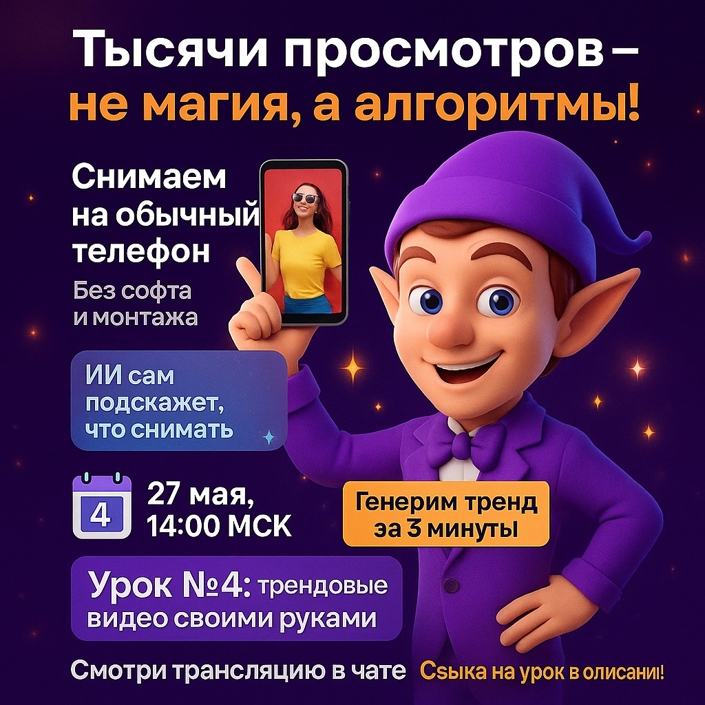 🔥 Тысячи просмотров — это не удача, а работа алгоритма в полную силу!

Слушай, если до сих пор считаешь, что вирусные ролики — это заморочка, дорогость и куча сложного монтажа, то готовься к крутой перемене! Уже 27 мая в 14:00 по МСК мы покажем, что всё можно сделать легко и просто.

4-й урок нашего марафона по ИИ – это чистая практика, где мы будем создавать трендовые видео, которые реально цепляют аудиторию и собирают охваты. Никакой воды, только работающие фишки, которые можно применять сразу.

Что тебя ждет?
✔️ П оказываем простые лайфхаки для съемки на телефон – забудь про сложный софт!
✔️ Демонстрируем, как ИИ скелетонит цепляющие сюжеты за считанные минуты.
✔️ Гибкие варианты – используй свой образ или выбирай готовый аватар, подгоняем под любой бизнес.

Почему это важно? Потому что видео – главный драйвер продаж в 2025 году, и если ты не в теме, конкуренты уже на шаг впереди!

Оставайся в чате бесплатного обучения – именно там начнется трансляция, и не упусти свой шанс поймать последний вагон успеха.

P.S. И представляешь, по окончании урока у тебя будет готовый ролик, который можно сразу запускать – проверено: такие видео взлетают в разы чаще обычных постов!
https://t.me/okey6677bot?start=gipOSyaswjTgonw